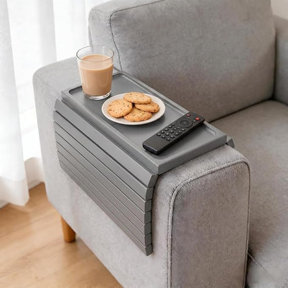 Grey Acacia Wood Couch Armrest Table, Couch Arm Tray, Foldable Anti-Slip Bamboo Couch Tray, Sofa Cup Holder for Drink Snacks Remote Control
