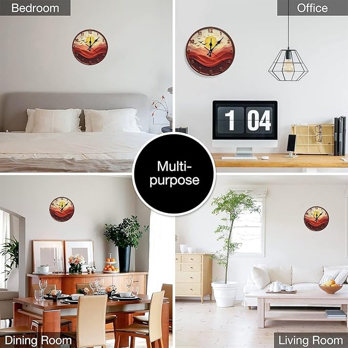 Wall Clock， Sunset Desert Landscape Non Ticking Wall Clocks Battery Operated， Red Wooden Wall Clocks for Kitchen， Living Room， Bedroom， Office， Bathroom Decorative 25 * 25cm