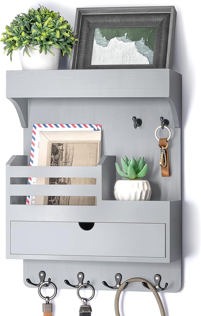 Rebee Vision Wooden Key Holder Wall Mount with Drawer Organizer – Modern Mail and Key Organizer for Wall Featuring 6 Robust Hooks & a Floating Shelf – Trendy Home Decor Solution (Gray)