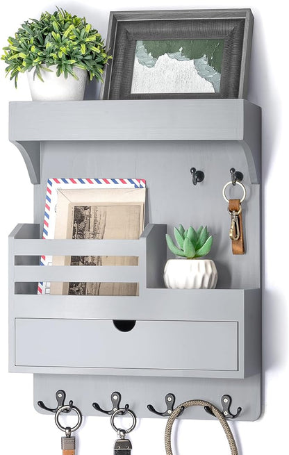 Rebee Vision Wooden Key Holder Wall Mount with Drawer Organizer – Modern Mail and Key Organizer for Wall Featuring 6 Robust Hooks & a Floating Shelf – Trendy Home Decor Solution (Gray)