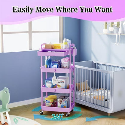 SUNALLY 4 Tier Rolling Cart Organizer with Drawer, Bathroom Storage Carts with Wheels & Plastic Shelf, Mobile Storage Organizers for Kitchen, Office, Laundry Room, Baby, Snack, Craft, Makeup, Purple