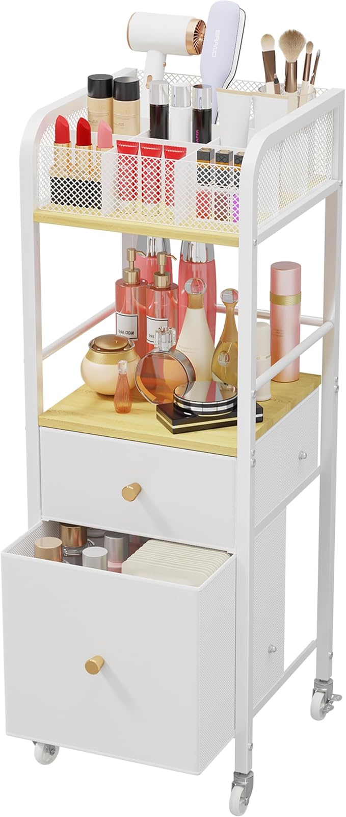 HapiRm Rolling Makeup Cart Organizer - Floor Skincare Make Up Storage with 2 Non-woven Fabric Drawers, Vanity Organizer Cosmetic Display Cases Holder for Skin Care Perfume Nail Polish Brush Hair Tool