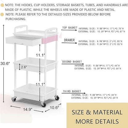 Goovilla 3 Tier Rolling Utility Cart Organizer with Removable Drawer, Stable and Sturdy White Rolling Storage Carts with 2 Lockable Wheels for Bathroom, Kitchen, Snack, Craft, Makeup, Baby Essentials