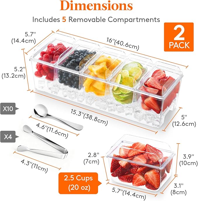 Lifewit 2 Pcs Ice Chilled Condiment Caddy with 5x 20 oz Containers, Condiment Server with Lid & Metal Accessories, Serving Tray Platter with Removable Dishes for Bar, Fruit, Salad, Taco, Party Garnish
