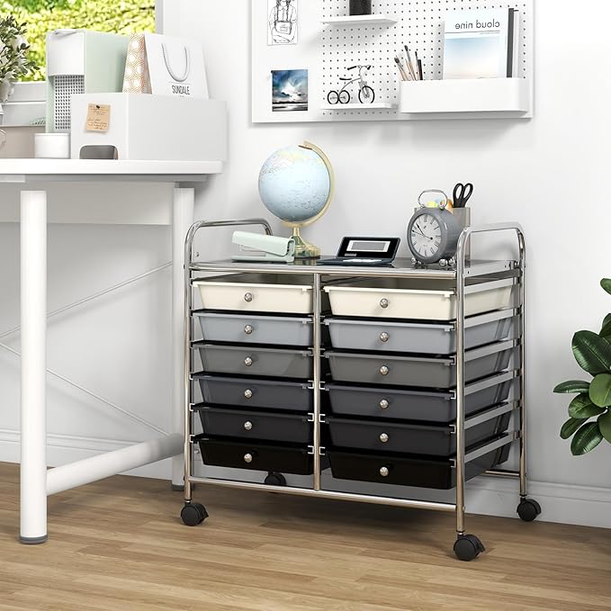 GOFLAME 12-Drawer Rolling Storage Cart, Multifunctional Art Craft Organizer Cart, Mobile Utility Storage Cart with Removable Drawers & Lockable Wheels, Craft Cart for Home Office School, Grey Gradient