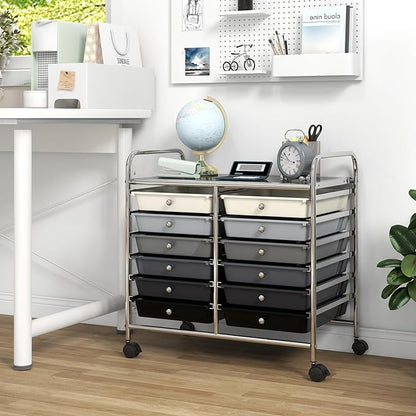 GOFLAME 12-Drawer Rolling Storage Cart, Multifunctional Art Craft Organizer Cart, Mobile Utility Storage Cart with Removable Drawers & Lockable Wheels, Craft Cart for Home Office School, Grey Gradient