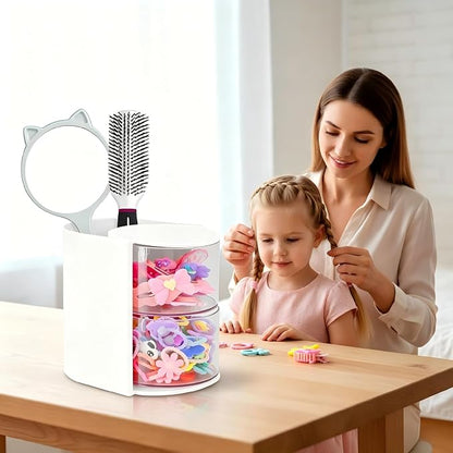Hair Accessories Organizer with Hair Brush Holder, Rotatable Makeup Brush and Jewelry Storage Box for Hair Clips, Earrings, Necklaces, Bracelets, Rings, and Daily Accessories (White, 2-Layer)