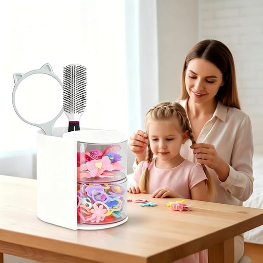 Hair Accessories Organizer with Hair Brush Holder, Rotatable Makeup Brush and Jewelry Storage Box for Hair Clips, Earrings, Necklaces, Bracelets, Rings, and Daily Accessories (White, 2-Layer)