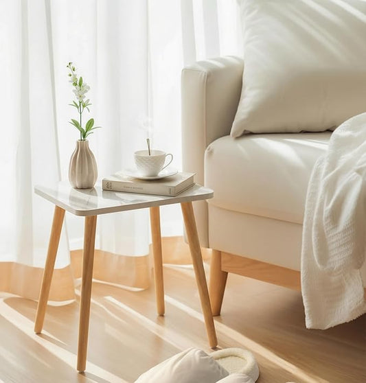FORAOFUR Small End Table, Side Table Accent Table Living Room Bedroom Balcony Office, Modern Bedside Table Home Decor, Small Table for Small Spaces, Small Coffee Table, Easy Assembly, Marble White