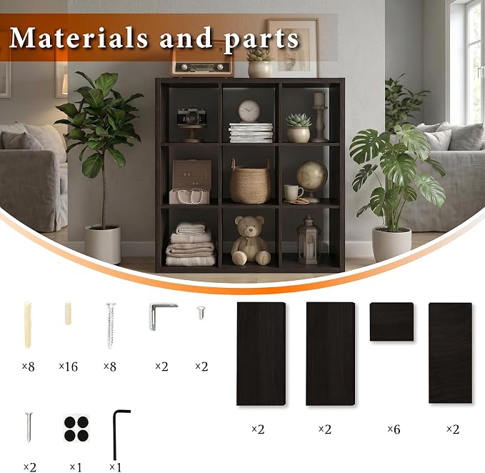 WannabeMyself【2026 Wooden Thick Frame】 9 Cube Storage Organizer with Anti-Tipping Kits, Reversible Open Back Book Shelf,Bookcase for Living Room,Bedroom,Entrance Hall,Office,11.6×36.3×36.3,Chocolate