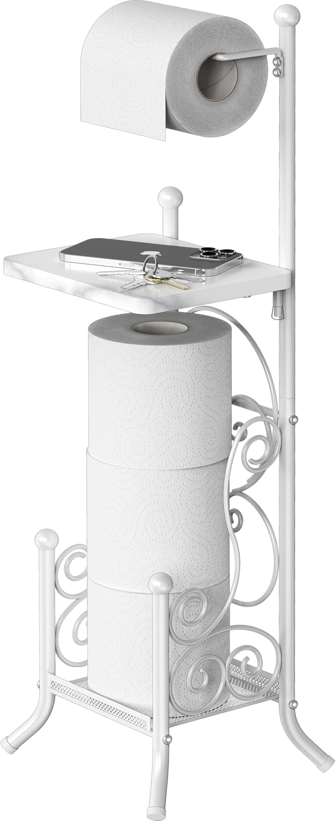 Simple Houseware English Style Bathroom Toilet Tissue Roll Holder Stand with Shelf, Marbled White