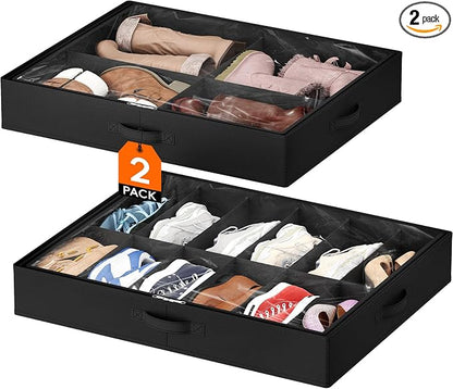 Lifewit Under Bed Shoe Storage Organizer 1 Pack(12 Shoes Cells+4 Boots Cells), 4.3 Inches Profile Fabric Shoes Container Box with Clear Cover, Foldable Storage Bag with 2 Handles, Fits 10 to 16 Pairs