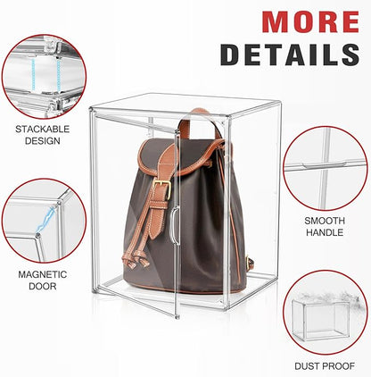 3 Pack Extra XXX-Large Purse Handbag Organizer for Closet 17.7''x13''x13'' Boots Storage Box Clear Acrylic Display Case with Magnetic Lid Dustproof Showcase for Collectibles, Handbag, Helmet, Clothes