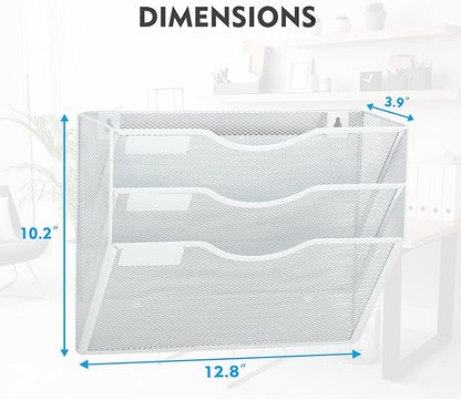 EASEPRES Magnetic 3 Pocket Mesh Hanging Wall File Organizer, Wall Mounted Mail Paper Document Folder Holder, Clipboard Storage Magazine Rack with Nametag Label for Office Home School, White