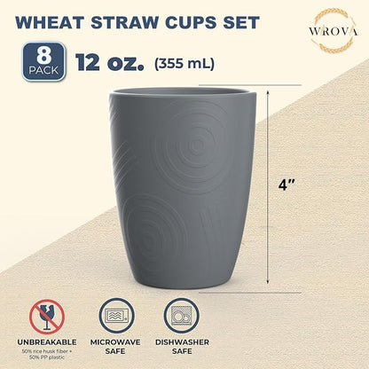 Wrova Wheat Straw Cups 8 PCS Good Alternative to Plastic Reusable Cups 12 oz Unbreakable Drinking Cup Reusable Dishwasher Safe Water Plastic Glasses Grey