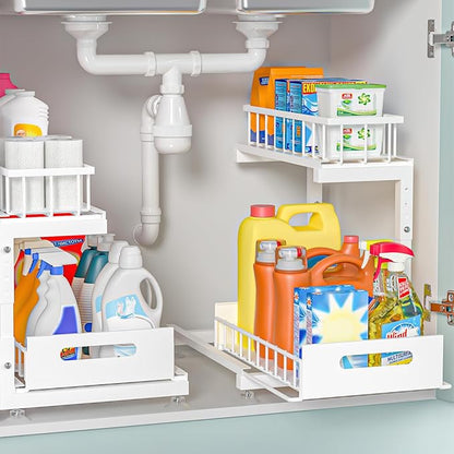 Under Sink Organizer, 2-Tier Premium Metal Pull-Out Racks with Adjustable Height, Heavy Duty Sliding Bin for Bathroom and Kitchen Cabinet Storage, Rust Resistant 2 Pack