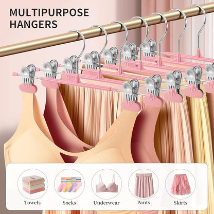14Inch Clothes Pants Hangers with Wide Clips 10 Pack,Non-Slip Adjustable Skirt Hanger for Women,Space-Saving Heavy Duty Men Hangers for Pants,Trousers,Jeans,Shorts,Pink