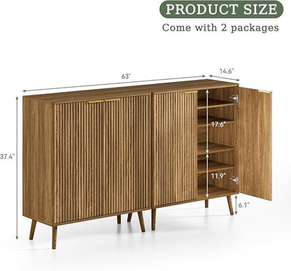 Fluted Shoe Cabinet with Doors 2Pcs, 5-Tier Shoe Storage Cabinet for Entryway Slim, Wooden Hidden Shoe Organizer Cabinet with Adjustable Shelves and Solid Legs for Hallway, Natural Oak