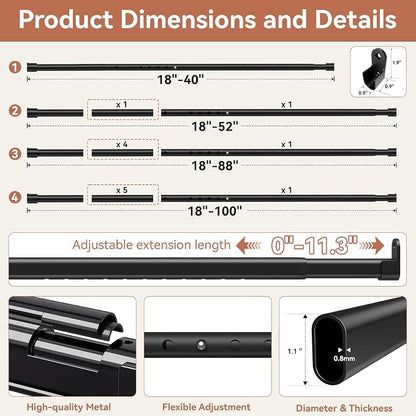Oval Closet Rod 18-52 Inch Adjustable Closet Rods for Hanging Clothes Heavy Duty Black Poles Bar with End Supports Rust Proof Wardrobe Rod for Laundry Room RV