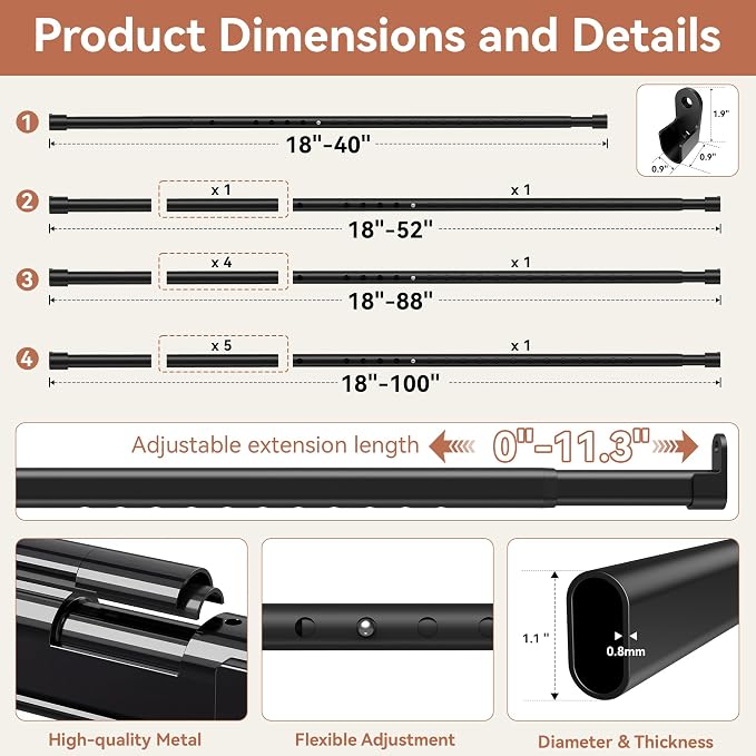 Oval Closet Rod 18-100 Inch Adjustable Closet Rods for Hanging Clothes Heavy Duty Black Poles Bar with End Supports Rust Proof Wardrobe Rod for Laundry Room RV