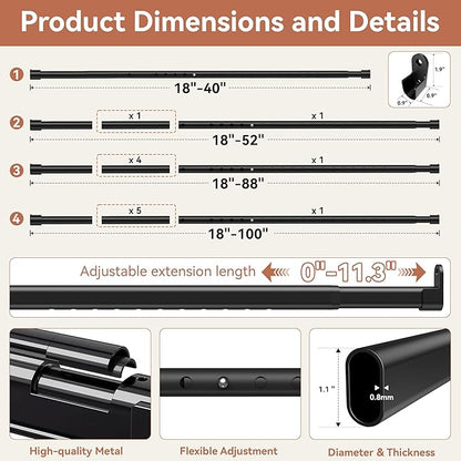 Oval Closet Rod 18-40 Inch Adjustable Closet Rods for Hanging Clothes Heavy Duty Black Poles Bar with End Supports Rust Proof Wardrobe Rod for Laundry Room RV