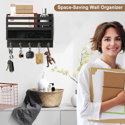 Mail and Key Organizer for Wall – Key Holder Wall Mount with Storage Box and 5 Key Hooks, Mail Holder Wall Mounted for Entryway, Apartment, Office, Home Decor Organization (Black)