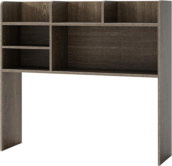 Desk Hutch, Desktop Shelf with 6 Shelves, Desk Bookshelf w/Anti-Toppling Devices, Wood Table Top Bookshelf Organizer, Small Desk Shelf for Study, Office, Dorm (Grey, 6 Shelves)
