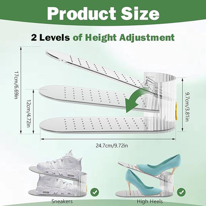 Adjustable Slot Organizer for Pairs of Shoes, Space Saver, Double Deck Riser Rack, Closet Organizer (Clear, 20 Pack)