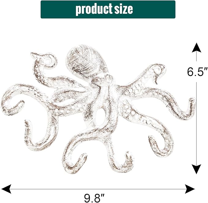 Sungmor Cast Iron Key Holder for Wall, Decorative Octopus Hanger with 6 Hooks, Vintage White Wall Hooks for Towel, Bathrobe, Necklaces, Purse, Dog Leashes, Bathroom Nautical Decor