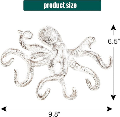 Sungmor Cast Iron Key Holder for Wall, Decorative Octopus Hanger with 6 Hooks, Vintage White Wall Hooks for Towel, Bathrobe, Necklaces, Purse, Dog Leashes, Bathroom Nautical Decor