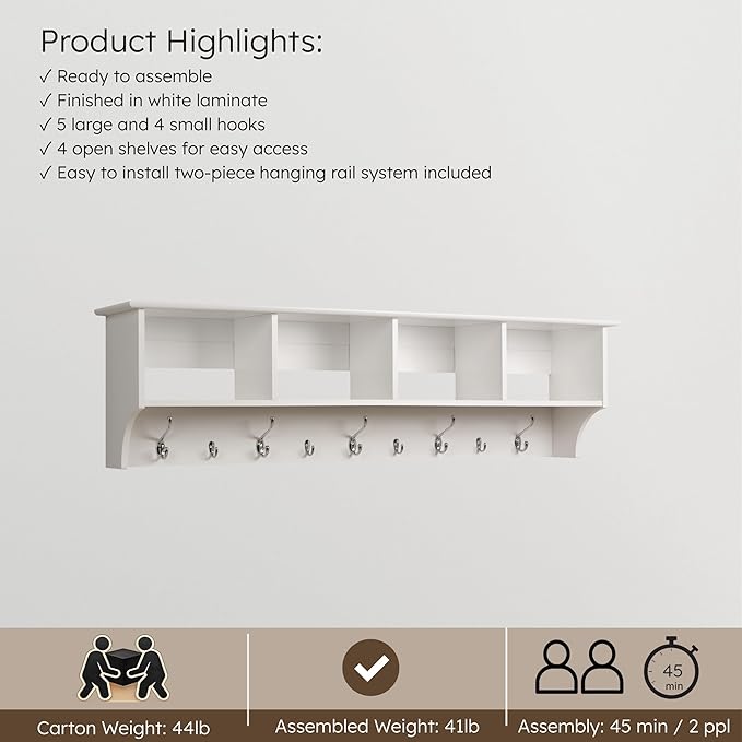 Prepac 60" Contemporary Wall Mounted Coat Rack, Coat Hooks Wall Mount with 4 Shelves, Ideal for Hallway or Entryway Hanging Solution, 11.5"D x 60"W x 16.5"H, White