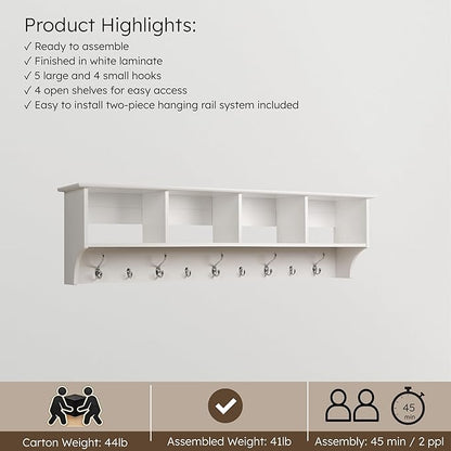 Prepac 60" Contemporary Wall Mounted Coat Rack, Coat Hooks Wall Mount with 4 Shelves, Ideal for Hallway or Entryway Hanging Solution, 11.5"D x 60"W x 16.5"H, White