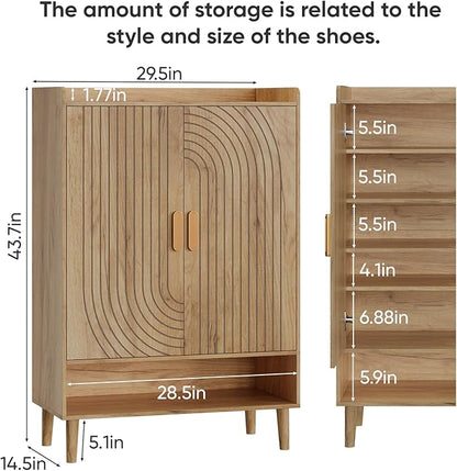 Smuxee Oak Shoe Cabinet with Line Groove Design, 6-Tier Shoe Storage Cabinet with Adjustable Shelves, Freestanding Shoe Organizer Cabinet for Entryway, Hallway, Closet, Living Room