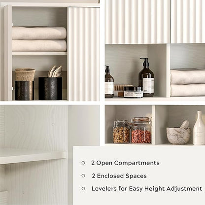 Fluted Wall Cabinet, Modern Medicine Cabinet Bathroom with Doors and Adjustable Shelf Towel Rack Wood Storage Cabinet for Kitchen Dining Room Living Room, White