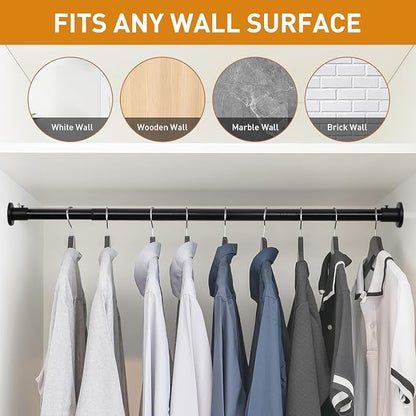 Black Adjustable Closet Rod 18-77 Inches, Heavy Duty Metal Clothes Hanging Rod, Rust-Proof Non-Slip Wardrobe Bar for Closet, Laundry Room, RV