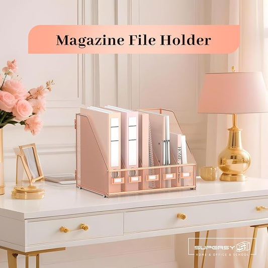 SUPEASY Desk Organizers Metal Desk Magazine File Holder with 5 Vertical Compartments Rack File Organizer for Office Desktop, Home Workspace, Rose Gold, Plus