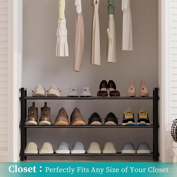 EKETE Expandable Shoe Rack,Adjustable and Stackable 3-Tier Shoe Rack Organizer, Shoe Rack for Closet,Space Saving,Metal Free Standing Shoe Rack for Entryway,Hallway,Closet Shoe Storage