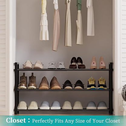 EKETE Expandable Shoe Rack,Adjustable and Stackable 3-Tier Shoe Rack Organizer, Shoe Rack for Closet,Space Saving,Metal Free Standing Shoe Rack for Entryway,Hallway,Closet Shoe Storage