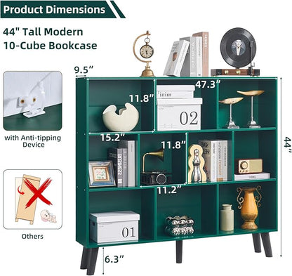 LEYAOYAO 10 Cube Bookshelf,3 Tier Modern Wide Bookcase with Legs,Mid-Century Wood Bookshelves Storage，Dark Green Large Book Case,Freestanding Organizer Display Shelf for Bedroom,Living Room,Office