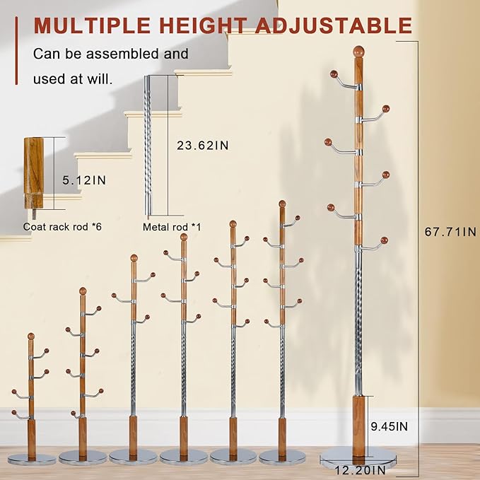 Wooden Coat rack freestanding, Coat racks stand with 6 Hook, Heavy duty coat tree standing Adjustable Heights for Bedroom, Entryway, Hallway, Office, Metal base (Nature)