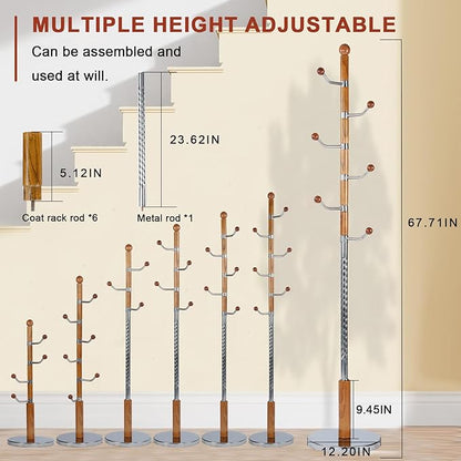Wooden Coat rack freestanding, Coat racks stand with 6 Hook, Heavy duty coat tree standing Adjustable Heights for Bedroom, Entryway, Hallway, Office, Metal base (Nature)