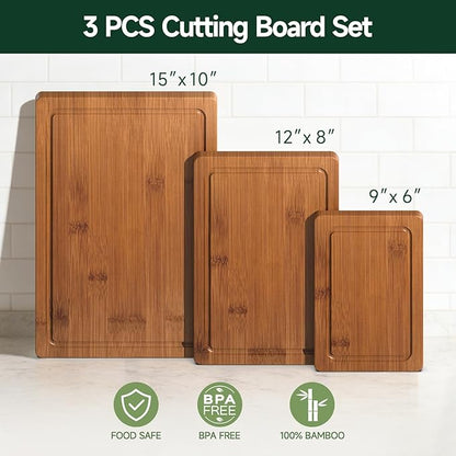 3-Piece Set Bamboo Cutting Board for Kitchen - Crack-Resistant Wood Chopping Boards with Deep Juice Grooves, Pre-Oiled Butcher Block for Meat, Vegetables & Cheese, Carbonized