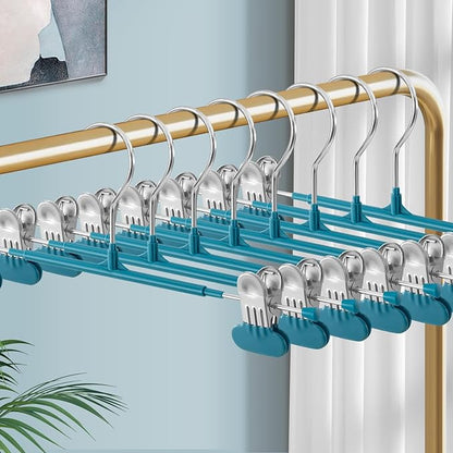 14Inch Clothes Pants Hangers with WideClips 10 Pack,Non-Slip Adjustable Skirt Hanger for Women,Space-Saving Heavy Duty Men Hangers for Pants,Trousers,Jeans,Shorts,Blue