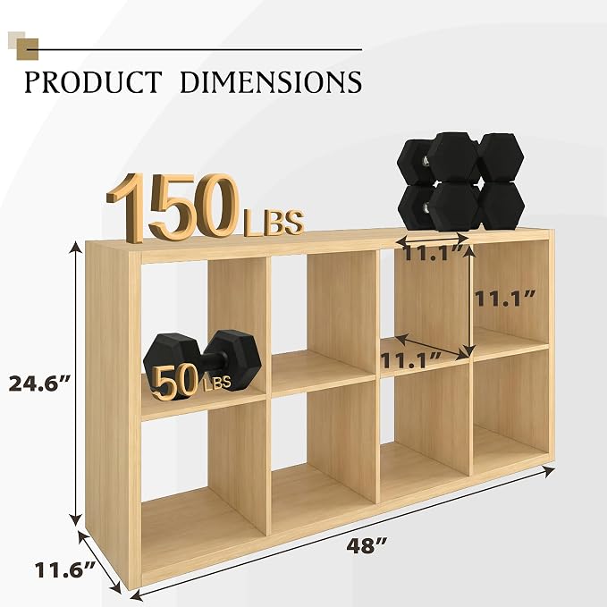 WannabeMyself【2026 Wooden Thick Frame】 8 Cube Storage Organizer with Anti-Tipping Kits, Reversible Open Back Book Shelf,Bookcase for Living Room,Bedroom,Entrance Hall,Office,11.6×48×24.6,Oak Color