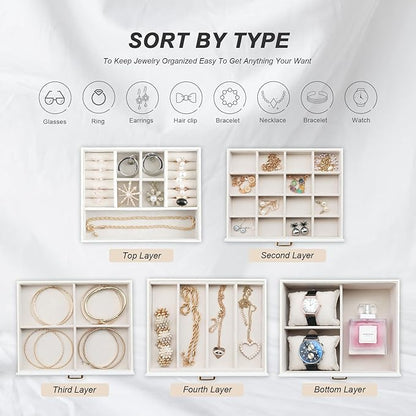 Jewelry Holder Organizer, Large Jewelry Boxes for Women, 5 Layers 4 Drawers Jewelry Box with Handle Jewelry Organizer for Earrings Rings Necklaces Bracelets, White