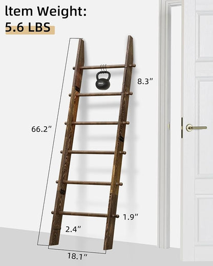 TEAKMAMA 6-Tier Blanket Ladder with Hanging Knobs,5.5 Ft Wall Leaning Blanket Ladders for Living Room Bedroom,Rustic Decorative Storage for Quilts,Throws,Easy to Assemble,Rustic Brown