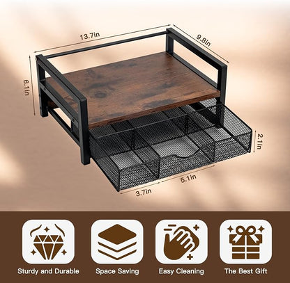 Tea Bag Organizer Holder, Wood Tea Box Organizer with 6 Compartments Storage Drawer, Rustic Brown Tea Station Chest, Countertop Display Storage Container Box for Kitchen Tea Station Chest
