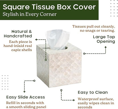 5.8” Capiz Tissue Box Cover, Square Decorative Tissue Holder with Bottom Slider, Handmade Bathroom Accessories, Elegant White Cube for Vanity, Bedroom, Office & Coastal Décor (Natural)