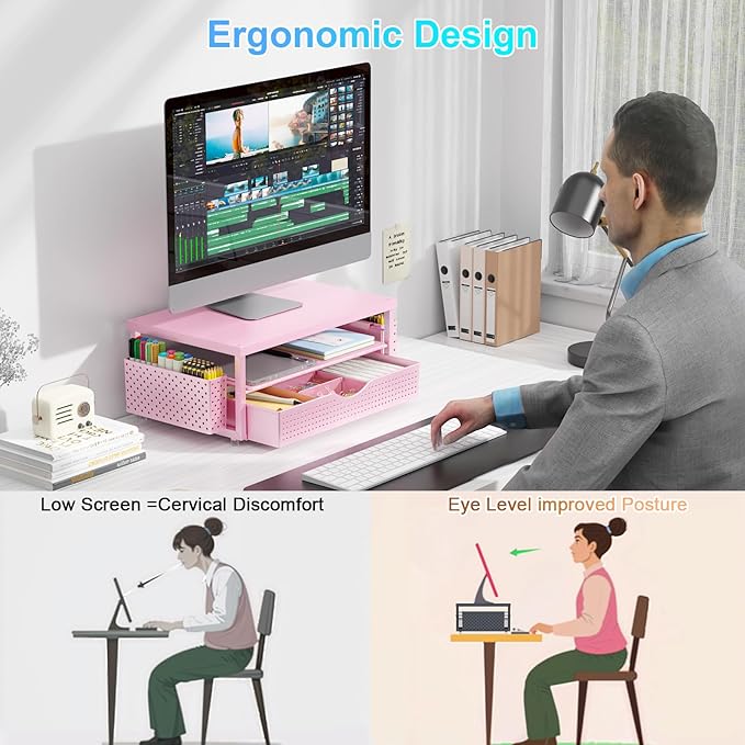 gianotter Wood Monitor Stand Riser, Desk Organizer with Drawer and 2 Pen Holders, 2-Tier Workspace Organizer for Office Supplies