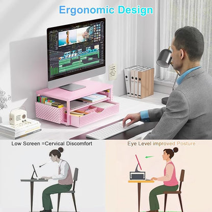 gianotter Wood Monitor Stand Riser, Desk Organizer with Drawer and 2 Pen Holders, 2-Tier Workspace Organizer for Office Supplies
